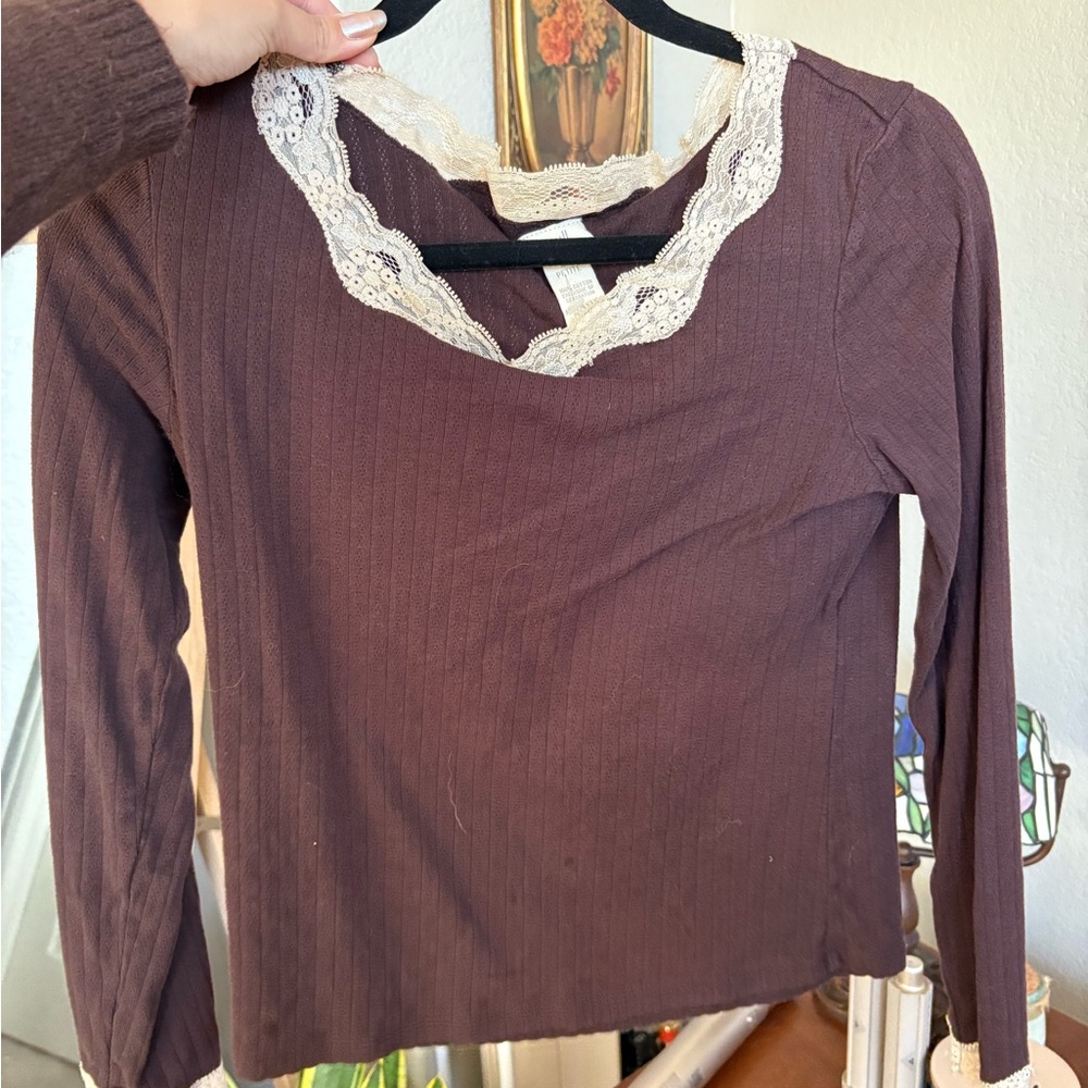 Elegant Brown Lace Trim Top